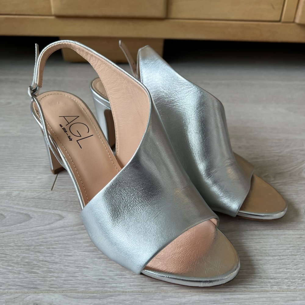 AGL Metallic Beth Silver Peep-Toe Heels Sandals 38.5